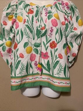7. Rachel Zoe size L White Floral Tie-Front Top Puff Sleeves Green Trim NWT